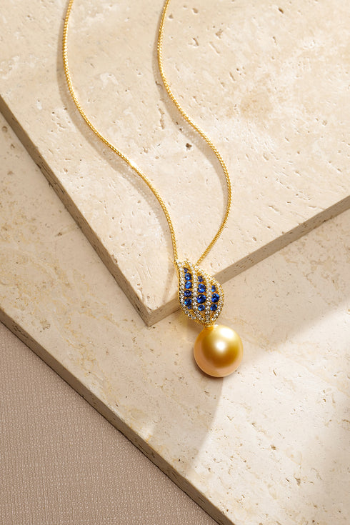Golden South Sea Pearl Blue Sapphire Leaf Pendant - Necklaces made with hand-selected pearls from House of Pearls