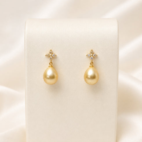 Earrings: Golden South Sea Pearl Dainty Gold Drop Earrings with floral crystal-top accents on gold, pair