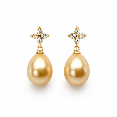 Earrings: Golden South Sea pearl drop with crystal cross top, 2 earrings, House Of Pearls XM