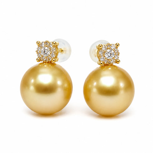Pair of 11–12mm Golden South Sea pearl diamond stud earrings in 18K gold by House Of Pearls - FT
