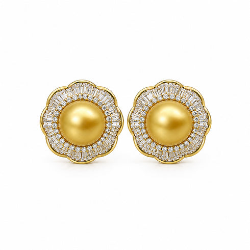 Pair of 9–10mm Golden South Sea Pearl floral CZ halo earrings in gold-tone setting