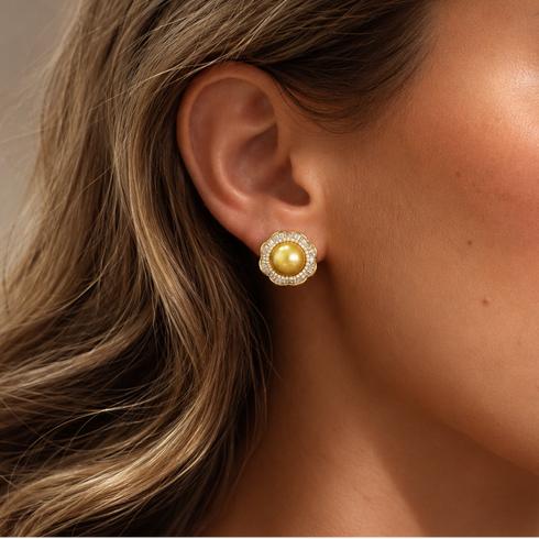 Earrings: Golden South Sea pearl floral halo with CZ pavé, 9–10mm, House Of Pearls