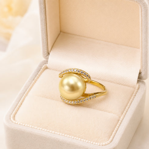 Ring: 12–13mm Golden South Sea pearl on a gold split-shank band with pavé diamonds, House of Pearls - MZ