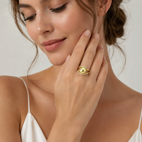 Ring: 12–13mm Minimalist Golden South Sea Pearl Ring, gold band with yellow pearl and diamond accents