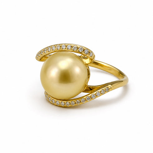 Minimalist Golden South Sea Pearl Ring, 12–13mm, with diamond-accented twisted gold bands