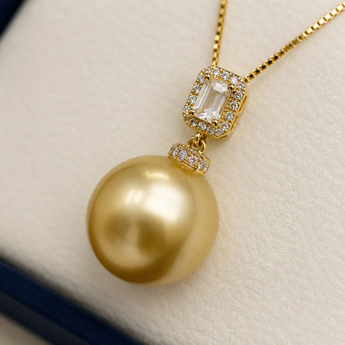 12-13mm Golden South Sea Pearl Diamond Pendant Necklace
