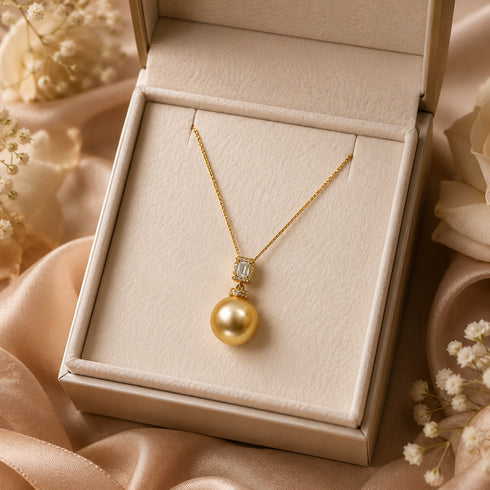 Necklace: 12-13mm Golden South Sea Pearl with square CZ pendant on gold chain