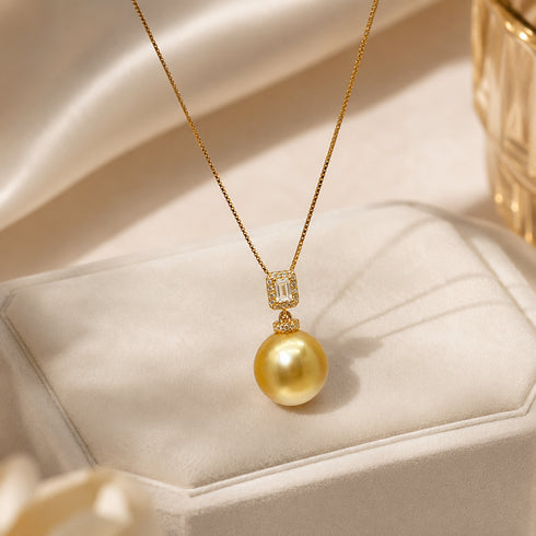 12-13mm Golden South Sea Pearl Square CZ Pendant Necklace on a gold chain by House Of Pearls - TA