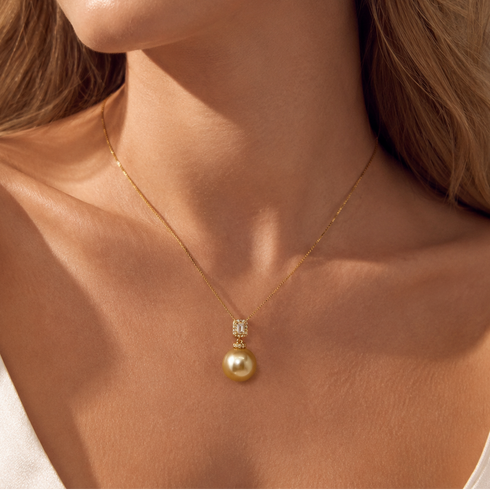 Necklace: 12-13mm Golden South Sea pearl pendant with square CZ on gold chain