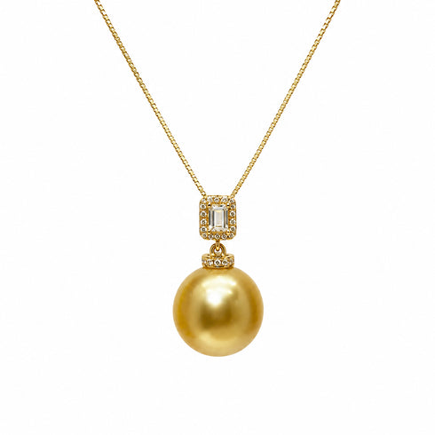 Necklace with 12-13mm Golden South Sea pearl pendant, square CZ halo and gold chain