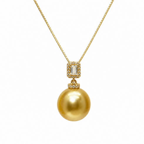 Necklace with 12-13mm Golden South Sea pearl pendant, square CZ halo and gold chain