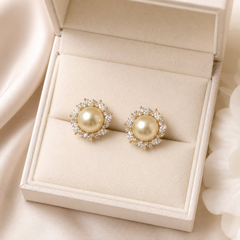 9mm Golden South Sea Pearl Sunburst Stud Earrings by House Of Pearls; gold-tone with crystal halo