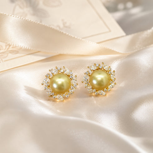Earrings: pair of 9mm Golden South Sea Pearl Sunburst Studs, gold halo with crystals by House Of Pearls