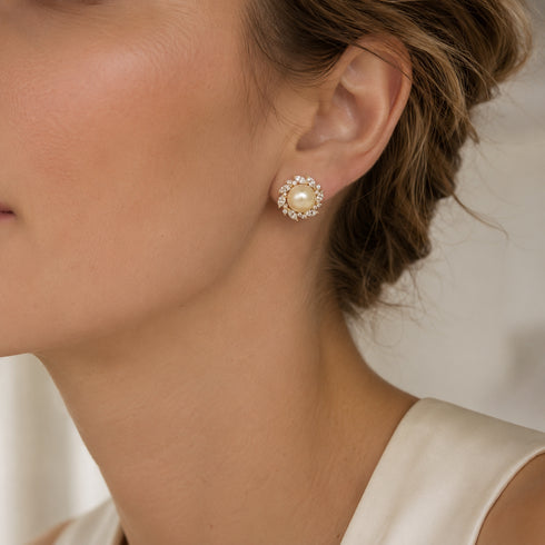 9mm Golden South Sea Pearl Sunburst Stud Earrings with diamond halo