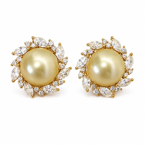 9mm Golden South Sea Pearl Sunburst Stud Earrings with gold settings and crystal accents; pair