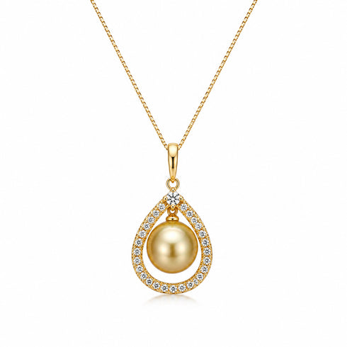 Necklace: 10-11mm Golden South Sea pearl teardrop pendant framed with CZ stones in a gold-tone setting