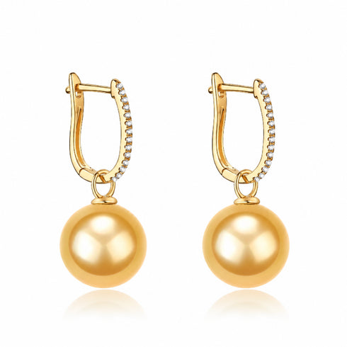 Audrey Earrings, 18K gold hoops with diamond accents and golden South Sea pearl drops; pair by House Of Pearls - FT