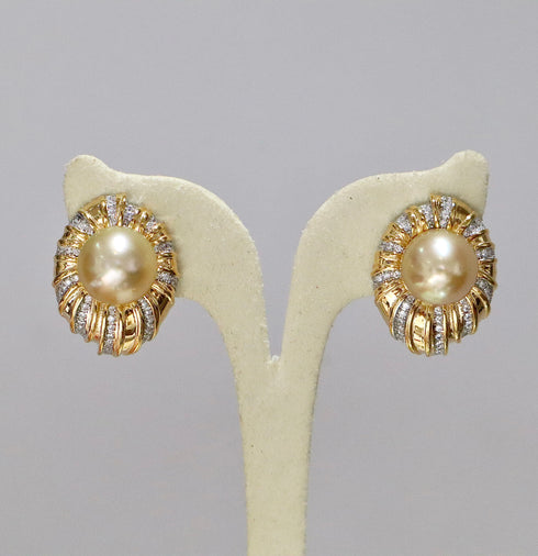 Gold South Sea Pearl Halo CZ stud earrings, AAA-grade 10–11mm pearls, gold-tone pair