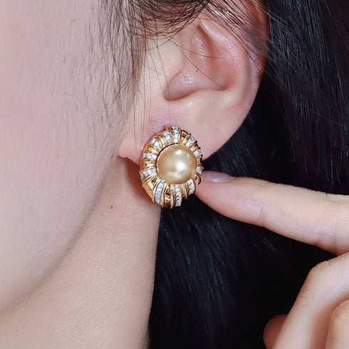 Earrings AAA Grade 10-11mm Golden South Sea Pearl Halo CZ Studs in gold