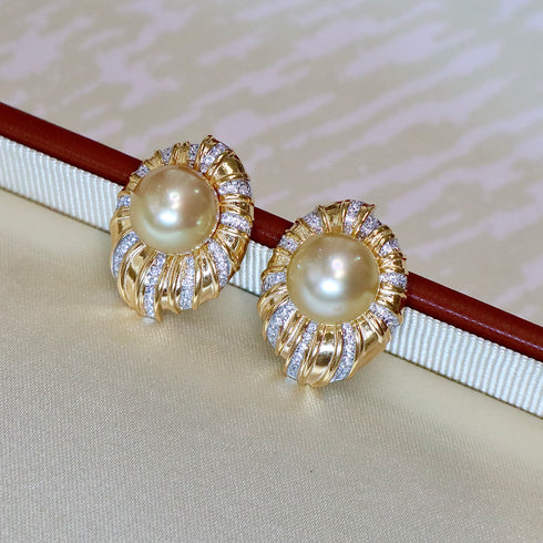 Earrings, pair of gold-tone halo CZ stud earrings with 10–11mm Golden South Sea pearls