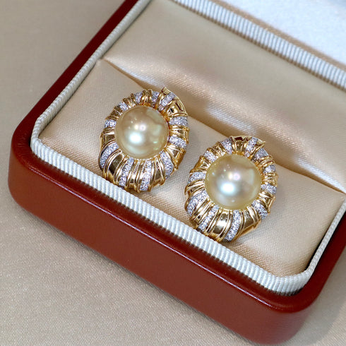 Earrings: 10–11mm Golden South Sea pearl halo CZ stud earrings in gold setting