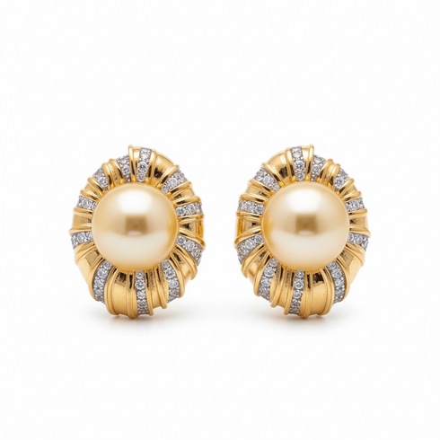 AAA Grade 10-11mm Golden South Sea Pearl Halo CZ Stud Earrings in gold, pair from House Of Pearls LC