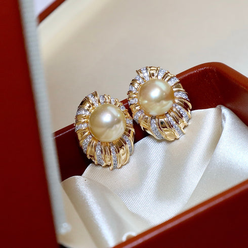 Pair of stud earrings: AAA Grade 10–11mm Golden South Sea pearl halo CZ in gold, House Of Pearls