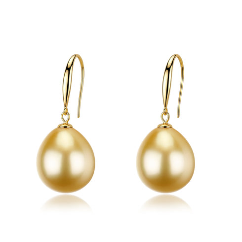 10-11mm Golden South Sea Pearl earrings on gold hooks, pair