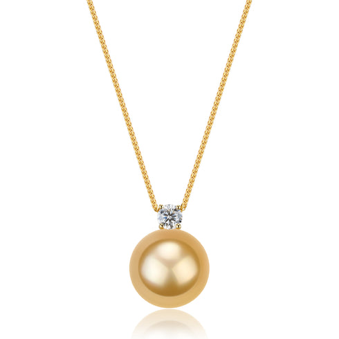 10-12mm Golden South Sea Pearl Sasha Pendant Necklace with diamond accent on a gold chain, House Of Pearls - JG