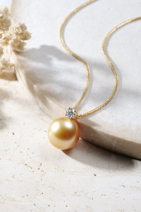 Golden South Sea pearl fairy drop pendant necklace by House Of Pearls, showcasing a 12-13mm golden pearl with elegant design.