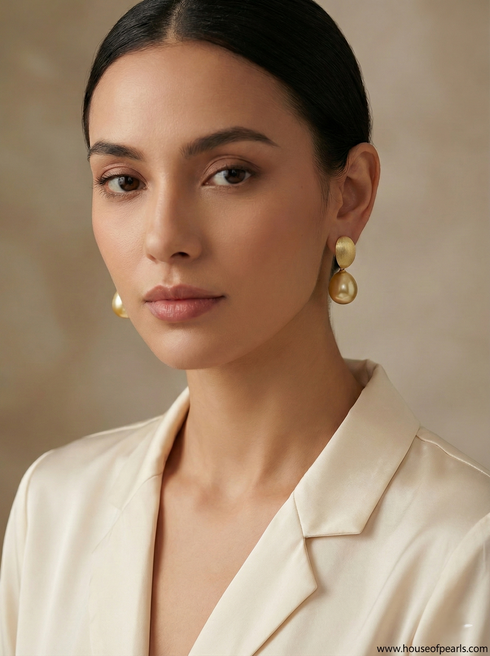 Earrings: 12–13mm Golden South Sea Baroque Pearl with brushed gold oval drops by House Of Pearls LC