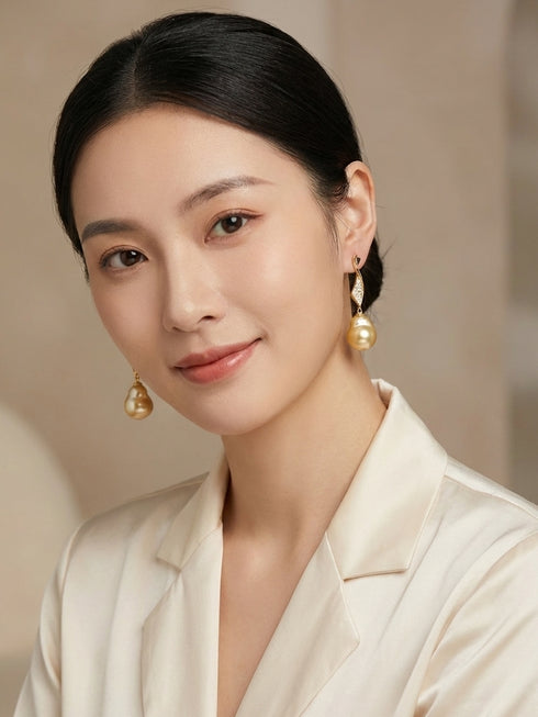 11-12mm Golden South Sea Baroque Pearl Wave Drop Earrings