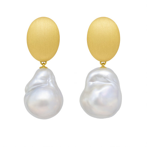 13-14mm White South Sea Baroque Pearl Brushed Gold Oval Drop Earrings; brushed gold oval tops with pearl drops