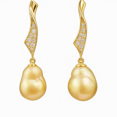11-12mm Golden South Sea Baroque Pearl Wave Drop Earrings