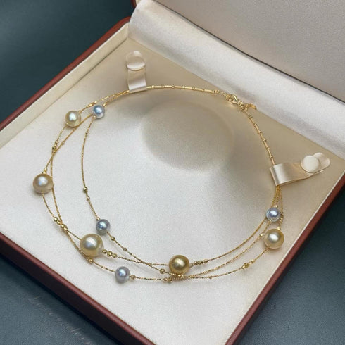 Choker necklace with Golden South Sea and Akoya pearls on an 18K gold chain, House Of Pearls - KK