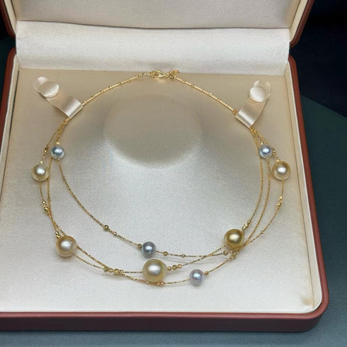 Golden South Sea & Akoya pearls choker necklace with 18K gold chain, layered design, in a box.