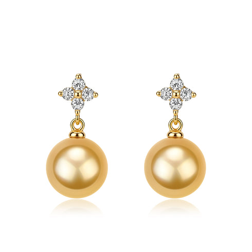 Earrings: gold drop with 10–11mm Golden South Sea pearl and diamond quatrefoil top