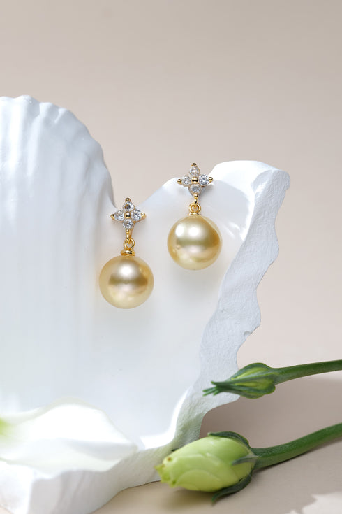 Gold drop earrings with 10-11mm Golden South Sea pearls and crystal-studded gold tops (2 pcs)