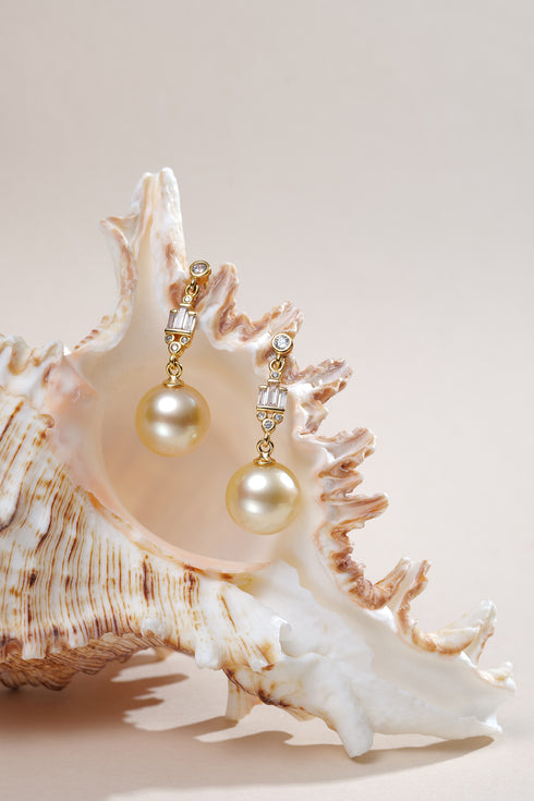 Earrings by House Of Pearls XM: gold South Sea pearl bloom drop with diamonds