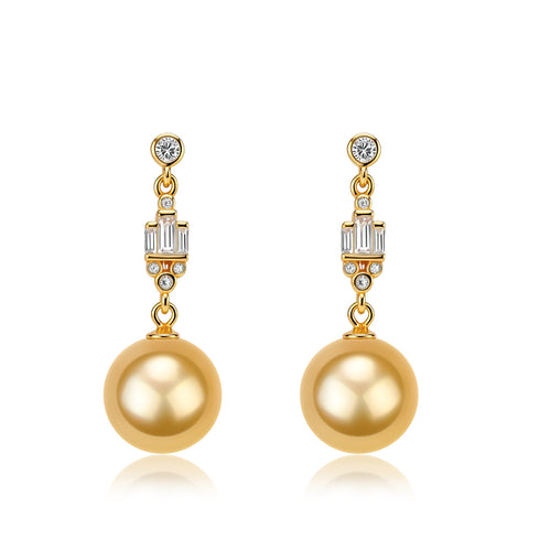 Pair of House Of Pearls XM Flora Bloom Drop Earrings in gold with large golden South Sea pearls