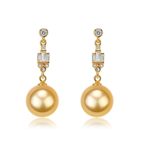 Pair of House Of Pearls XM Flora Bloom Drop Earrings in gold with large golden South Sea pearls