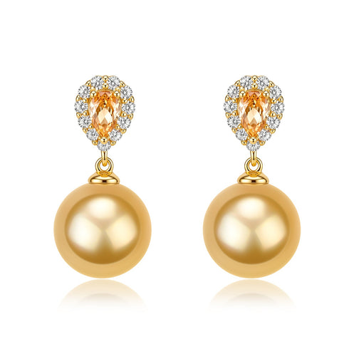 11-12mm Golden South Sea Champagne Halo Earrings, gold-tone pair with champagne pearls and crystal halo by House Of Pearls XM