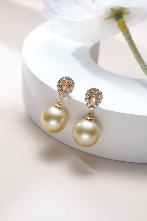 Pair of earrings: 11-12mm Golden South Sea Champagne Halo by House Of Pearls XM, peach center halo and pearls.