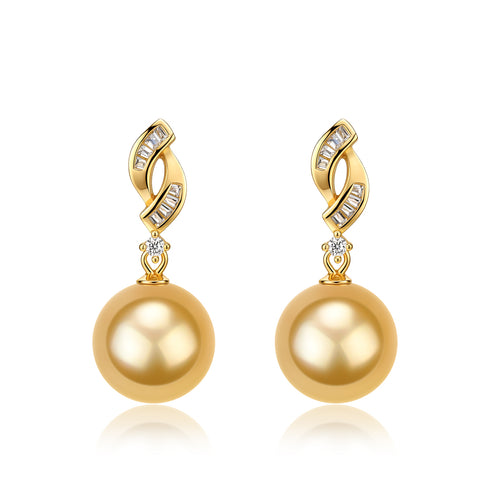 Flora Bloom drop earrings in gold-tone with 10–11mm Golden South Sea pearls and crystal-accented hoops (pair)