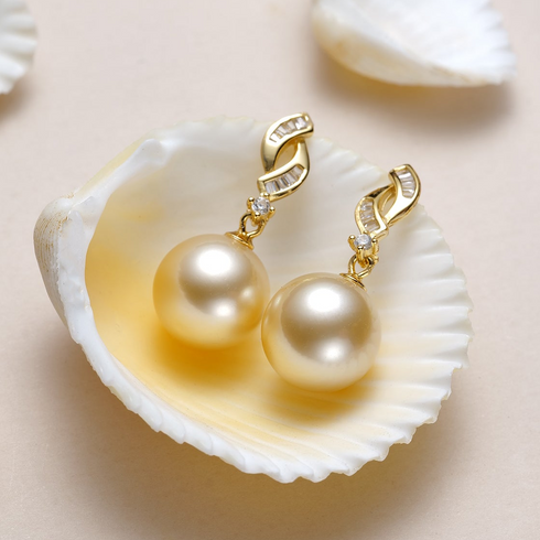 Pair of earrings: 11–12mm Golden South Sea Pearl Twist, gold-tone with crystal accents, House Of Pearls - XM