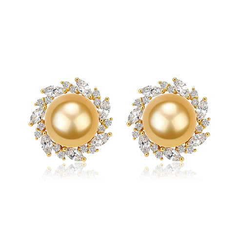 Earrings: 9mm Golden South Sea Pearl Sunburst Studs in gold with diamond halo, House Of Pearls - XM pair