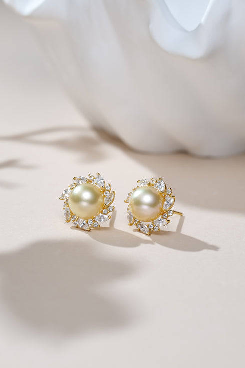 Pair of 9mm golden South Sea pearl sunburst stud earrings by House Of Pearls XM