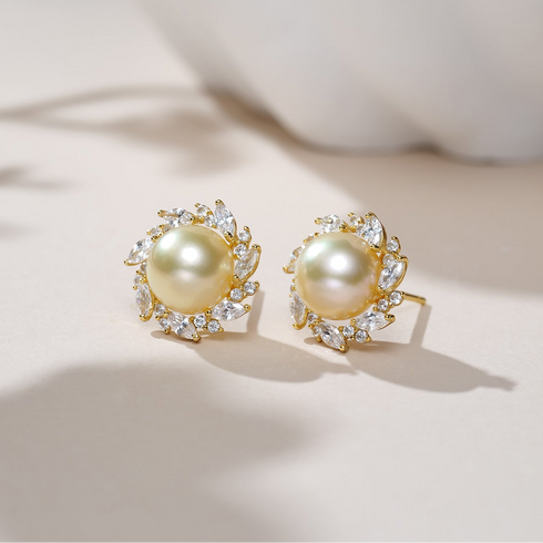 9-10mm Golden South Sea Pearl Sunburst Stud Earrings in gold with crystal accents