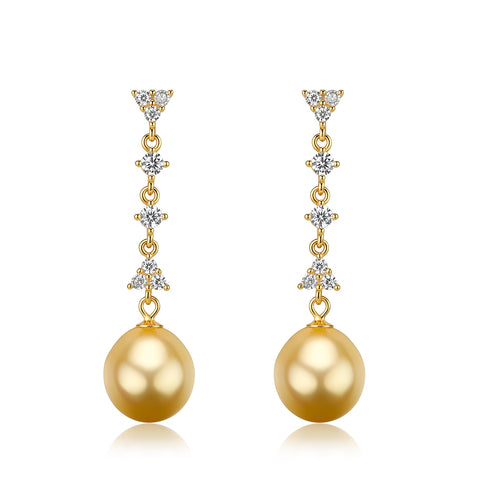 Pair of dainty gold drop earrings with 10–11mm Golden South Sea pearls and crystal accents
