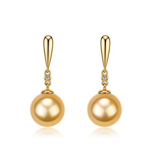 Pair of dainty gold drop earrings with 10–11mm Golden South Sea pearls.